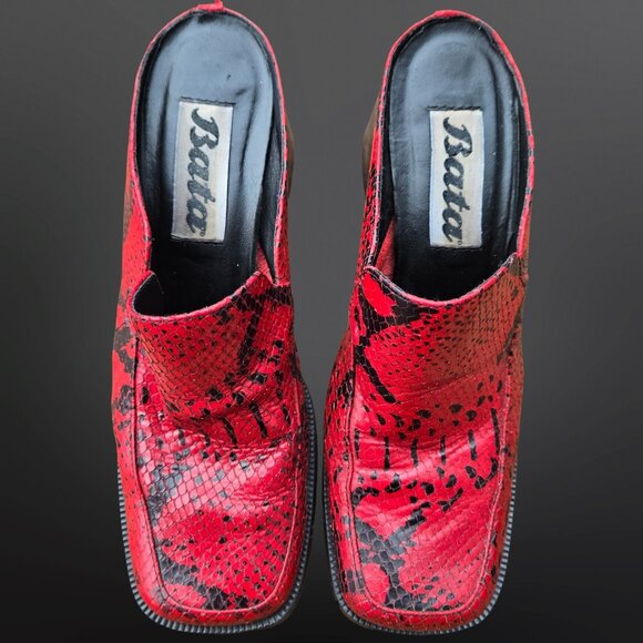 Vintage 90s Bata Chunky Mules US Size 7.5 Red Black Snake Print Leather Heels - Picture 3 of 10